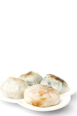 steamed chives dumplings isolated on white background (can stuffed with garlic chives or taro or yam bean mixed with small shrimp)