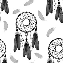 Dream catchers seamless pattern. Indian dream catchers, feathers. White background