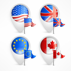 Map pointers, GPS markers with flags on white, 