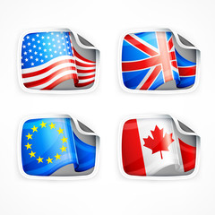 Four labels with different country flags on white, 