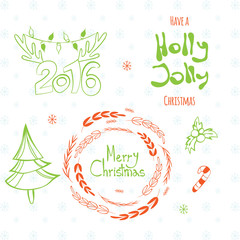 Merry Christmas, Holly Jolly, happy New 2016 Year! Calligraphic labels, letters elements. Set of graphic Christmas tags with wreath, deer horns pine tree and hand drawn letters