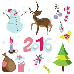 Christmas elements set. Icons. Design elements collection. Cartoon objects. Snowmen,deer, pine tree,holly berry, gifts, garlands, sweets on white Merry Christmas and Happy New 2016 Year!