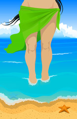 Vector illustration. Slim tanned women in green pareo comes out of the ocean to the beach