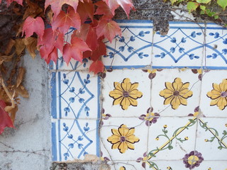 Autumn leaves pending on a floral decorated tiles wall
