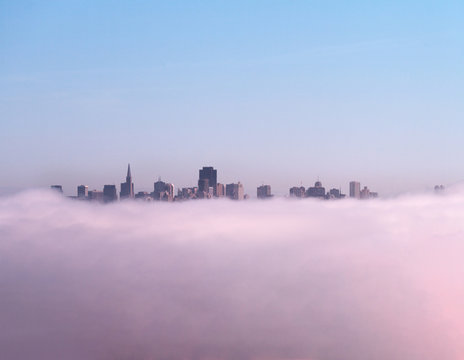 City skyline through the fog, San Francisco, California, USA