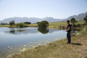 Fototapeta na wymiar Man fly fishing in the Western Cape region of South Africa