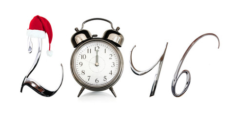 2016, old vintage alarm clock isolated on white background