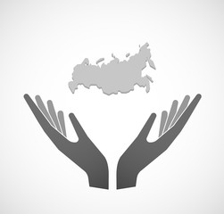 Two vector hands offering  a map of Russia