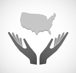 Two vector hands offering  a map of the USA