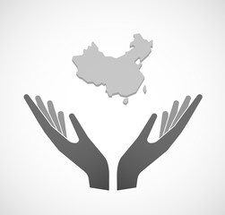 Two vector hands offering  a map of China