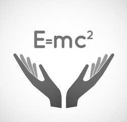 Two vector hands offering the Theory of Relativity formula