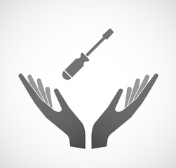 Two vector hands offering a screwdriver