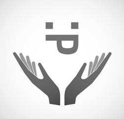 Two vector hands offering a sticking out tongue text face