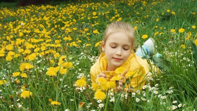Closeup portrait child lying on the grass among yellow flowers