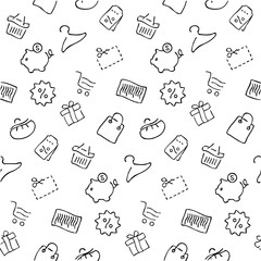 Shopping seamless pattern, vector background in thin line style - 95473583