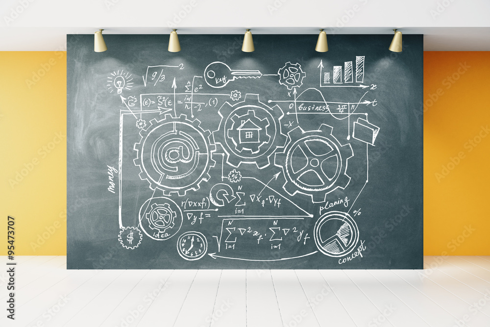 Poster concept scheme on blackboard in empty room with white wooden flo