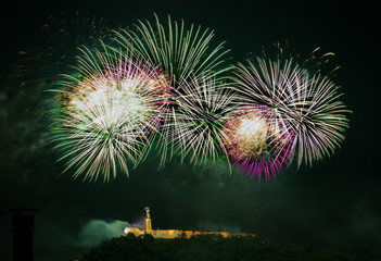 Fireworks over Liberty statue in Budapest, Hungary