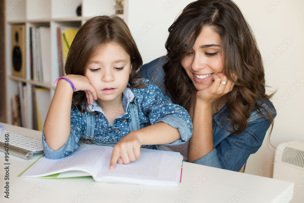 Wall mural mother helping child with homework