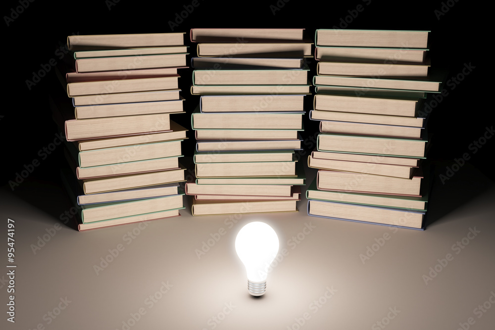 Poster three piles of books with glowing lightbulb in the middle