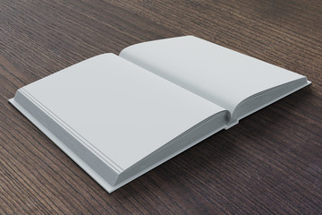 Fototapeta premium Blank pages of diary on dark brown wooden table, mock up
