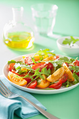 tomato salad with arugula over green background