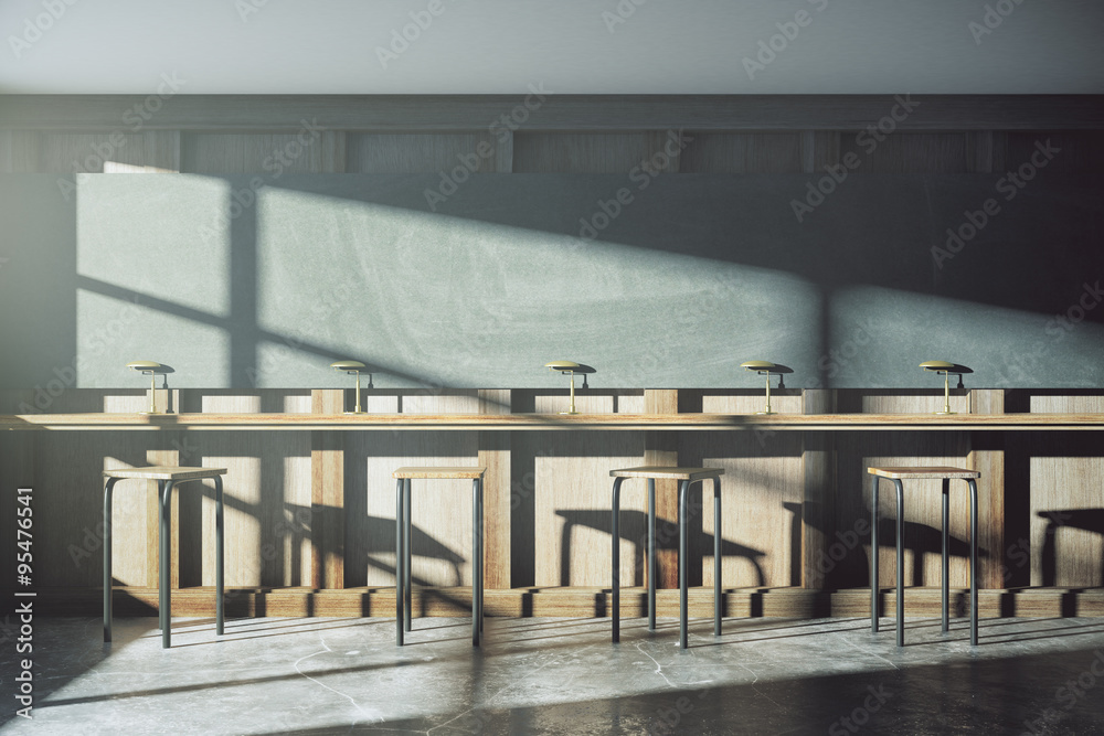 Poster old style university classroom with furniture and blackboard at