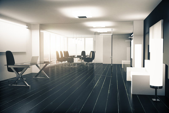 Modern office with furniture, vitreous walls and black wooden fl