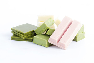 Group of green tea ,strawberry and white chocolate