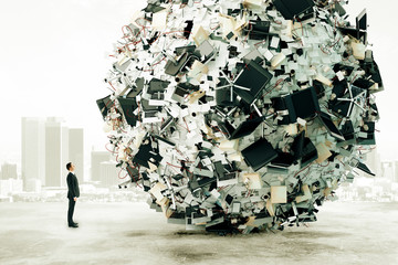 Businessman is looking at the big load of office work - obrazy, fototapety, plakaty