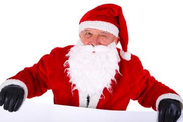 Santa Claus winking and holding copyspace blank sign. Closeup Portrait Isolated on White Background