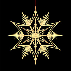 Straw star - old fashioned homemade xmas ornament hanging on a red thread. Isolated vector illustration on black background.