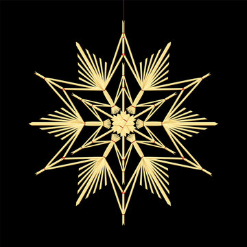Straw star - old fashioned homemade xmas ornament hanging on a red thread. Isolated vector illustration on black background.
