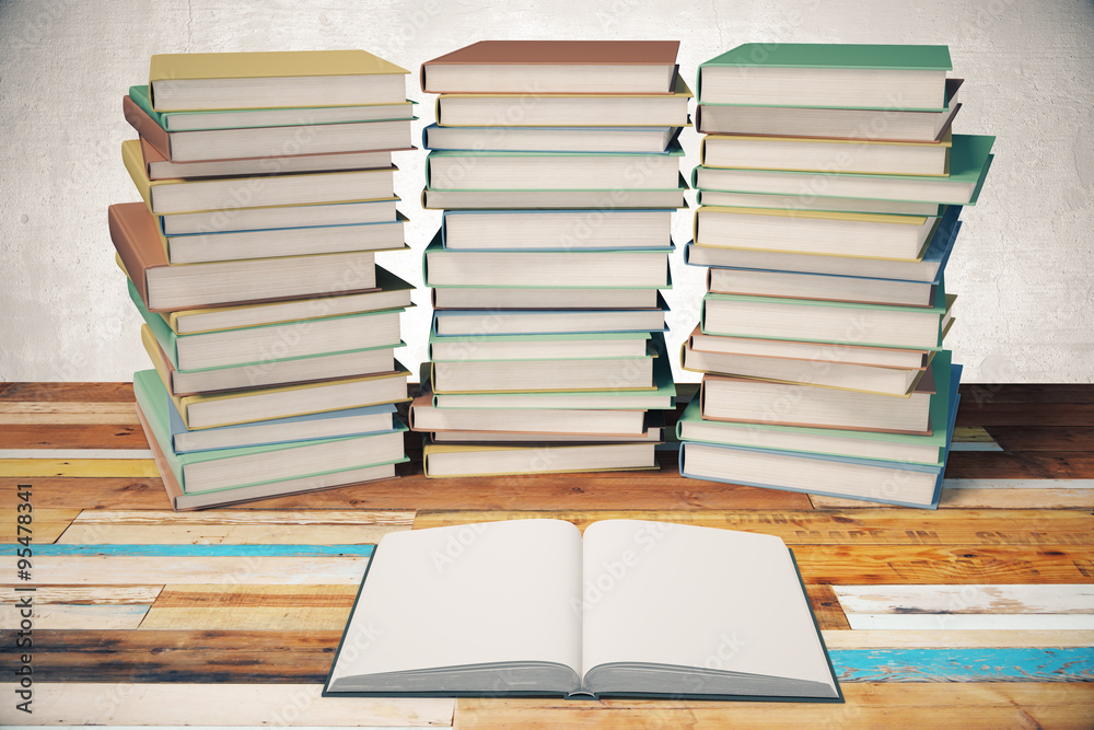 Poster three piles of books and blank diary in the middle on wooden tab