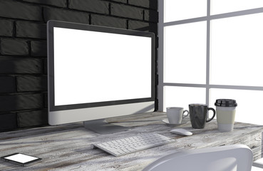 Fototapeta premium 3D illustration PC screen on table in office, Workspace