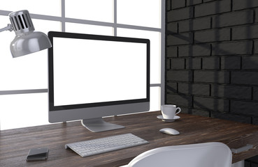 Fototapeta premium 3D illustration PC screen on table in office, Workspace