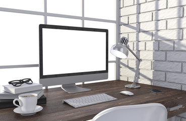 Fototapeta premium 3D illustration PC screen on table in office, Workspace