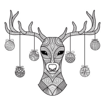 Hand drawn deer head with Christmas balls hanging on its horn, for coloring book,christmas card,decoration
