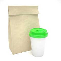 Coffee to go and lunch bag, on white.