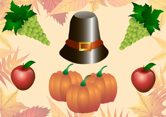Vector illustration. Thanksgiving Day. Hat, pumpkin, turkey apples and grapes isolated on a background of autumn leaves.