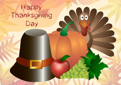Vector illustration. Thanksgiving Day. Hat, pumpkin, turkey, apples and grapes isolated on a background of autumn leaves.