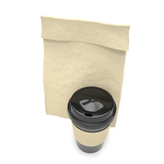 Coffee to go and lunch bag, on white.