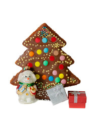 Homemade cake, christmas tree decoration and gift boxes isolated