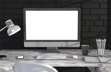 Fototapeta premium 3D illustration PC screen on table in office, Workspace