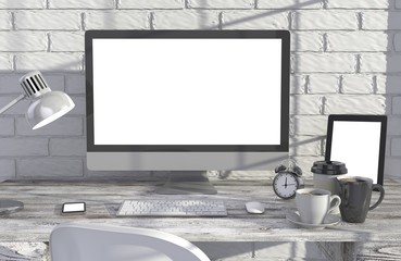 Fototapeta premium 3D illustration PC screen on table in office, Workspace
