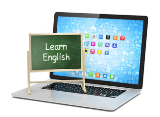  Laptop with chalkboard, learn english, online education concept