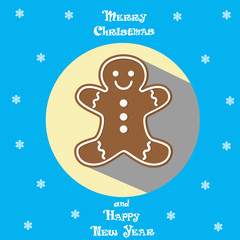 Vector banner holiday Gingerbread Man in circle on blue background
