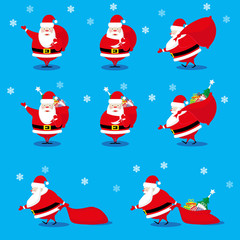 Vector set design elements funny Santa Claus different character with gifts bag isolated on blue background
