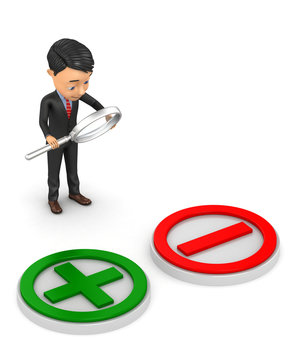 3d businessman analyzes the pros and cons