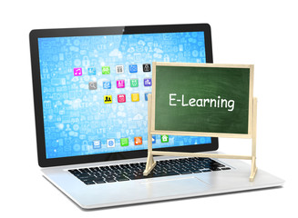  Laptop with chalkboard, e-learning, online education concept