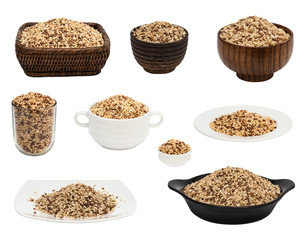 Raw brown rice on different plates